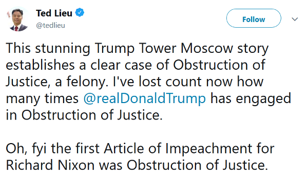 Rep. Ted Lieu tweeting that Donald Trump was guilty of obstruction of justice, and pointing out that the first article of impeachment of President Nixon was obstruction of justice