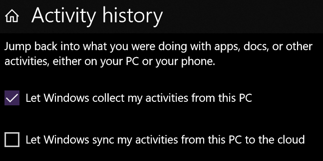 The Activity History settings menu