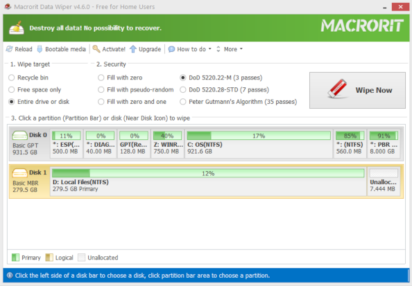 Hard drive displayed as Drive 1 in the Data Wiper software