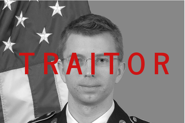 Black and white photo image of PVT Bradley Manning with the word "TRAITOR" superimposed in red